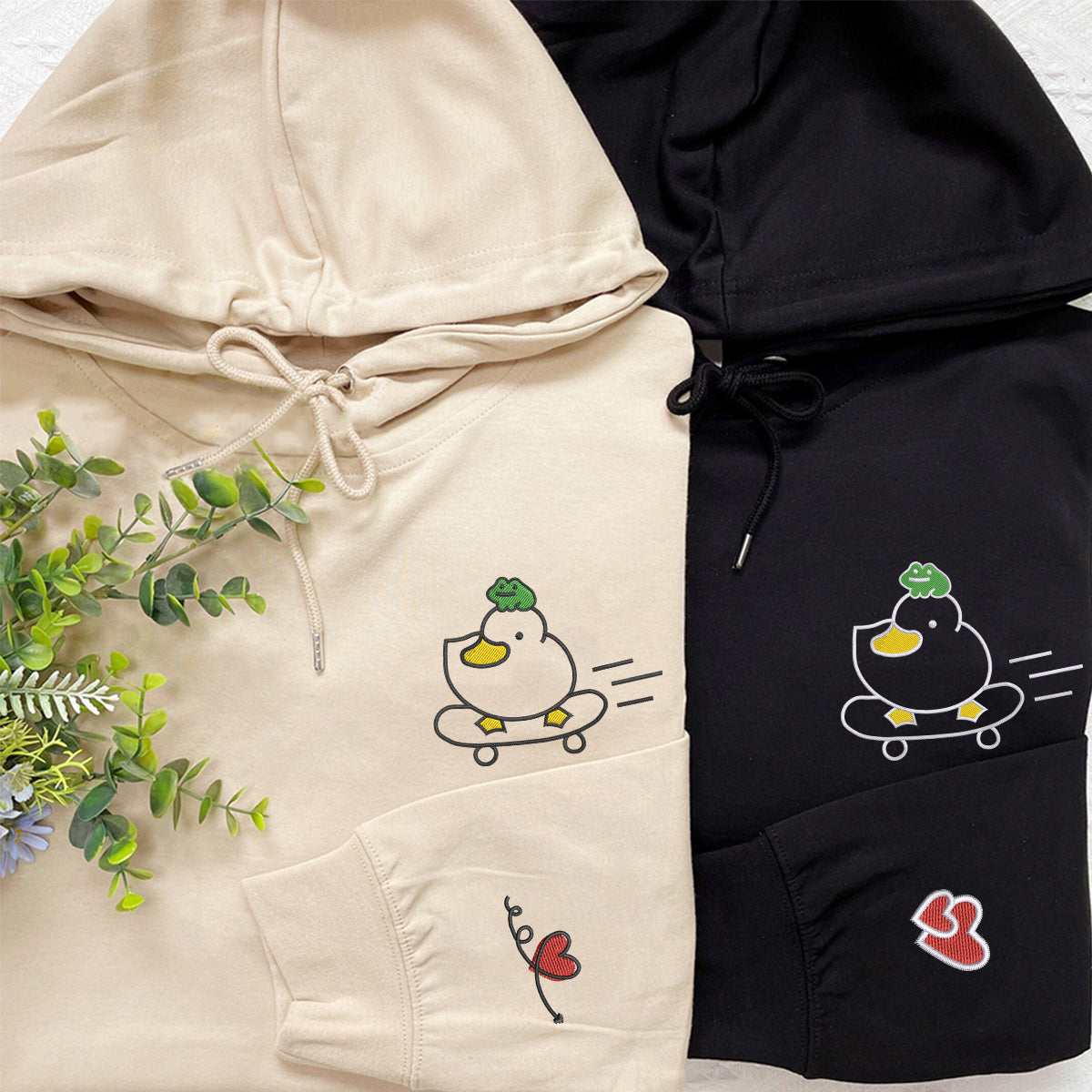Custom Embroidered Duck and Frog Matching Hoodies for Couples