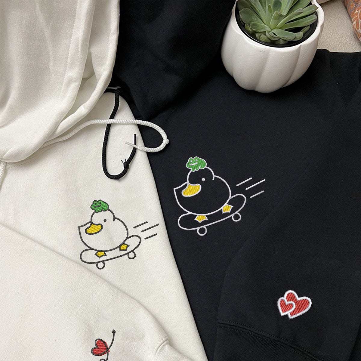 Custom Embroidered Duck and Frog Matching Hoodies for Couples