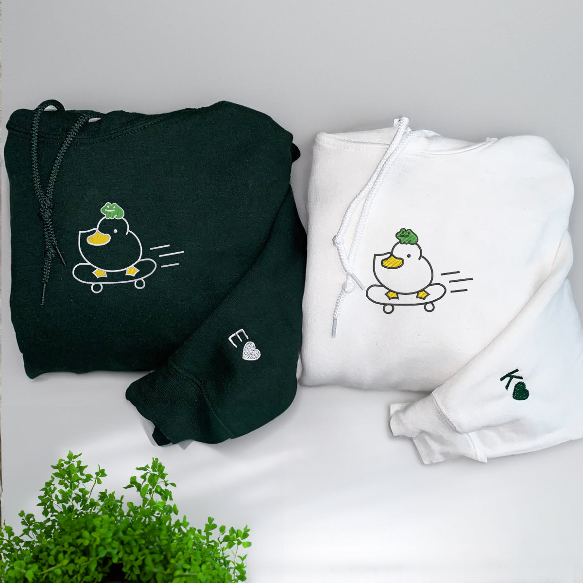 Custom Embroidered Duck and Frog Matching Hoodies for Couples