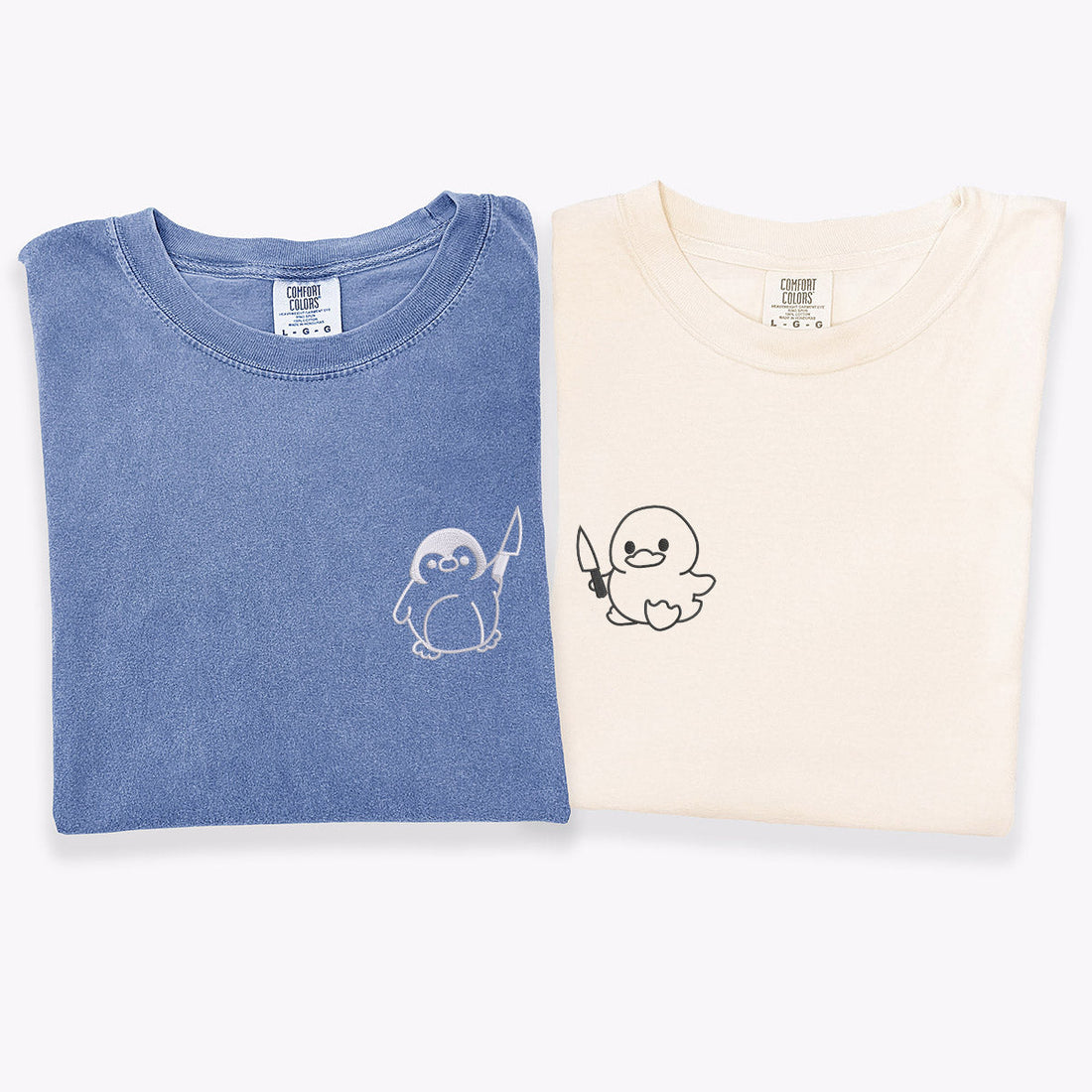 Custom Embroidered Duck and Penguin with Knife Matching T-shirts for Couples