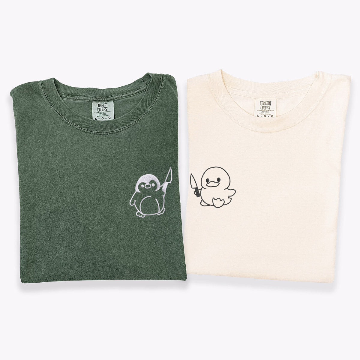 Custom Embroidered Duck and Penguin with Knife Matching T-shirts for Couples