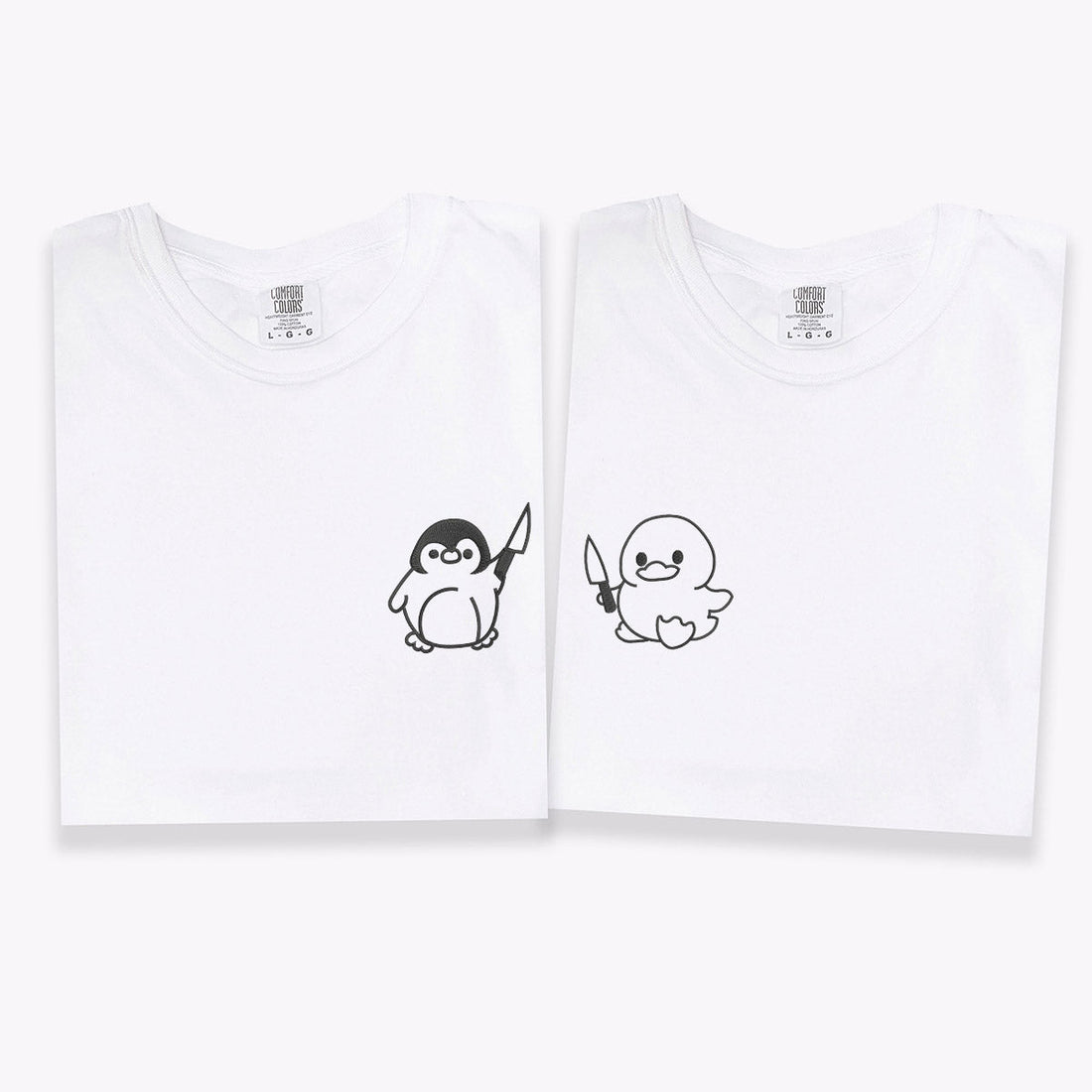 Custom Embroidered Duck and Penguin with Knife Matching T-shirts for Couples