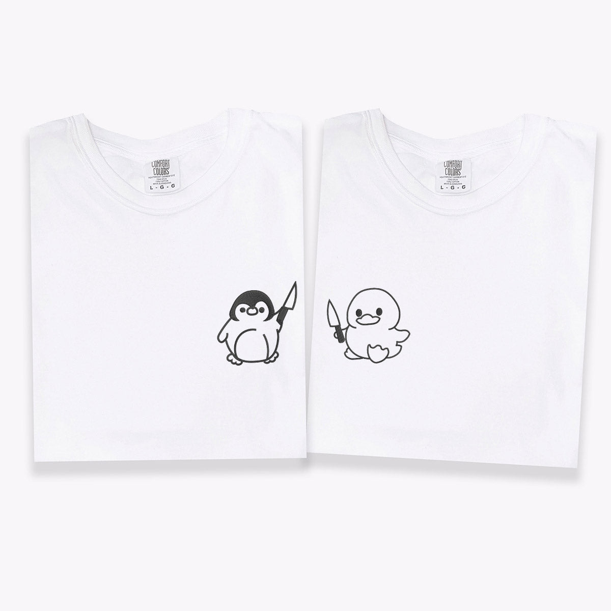 Custom Embroidered Duck and Penguin with Knife Matching T-shirts for Couples