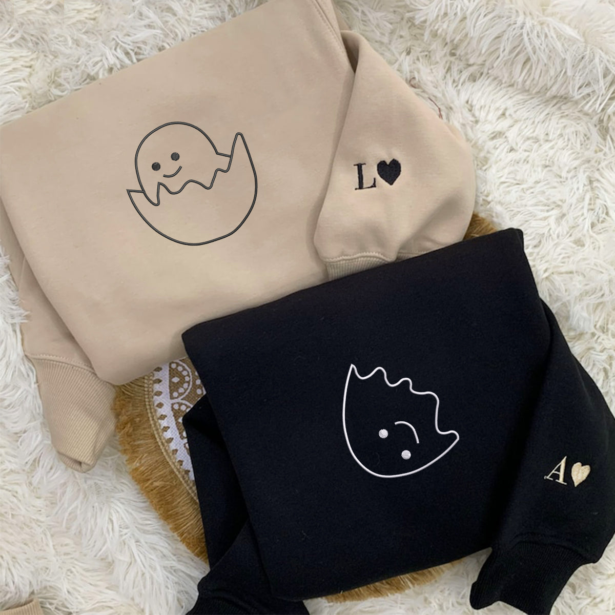 Custom Embroidered Egg Shell Matching Hoodies for Couples