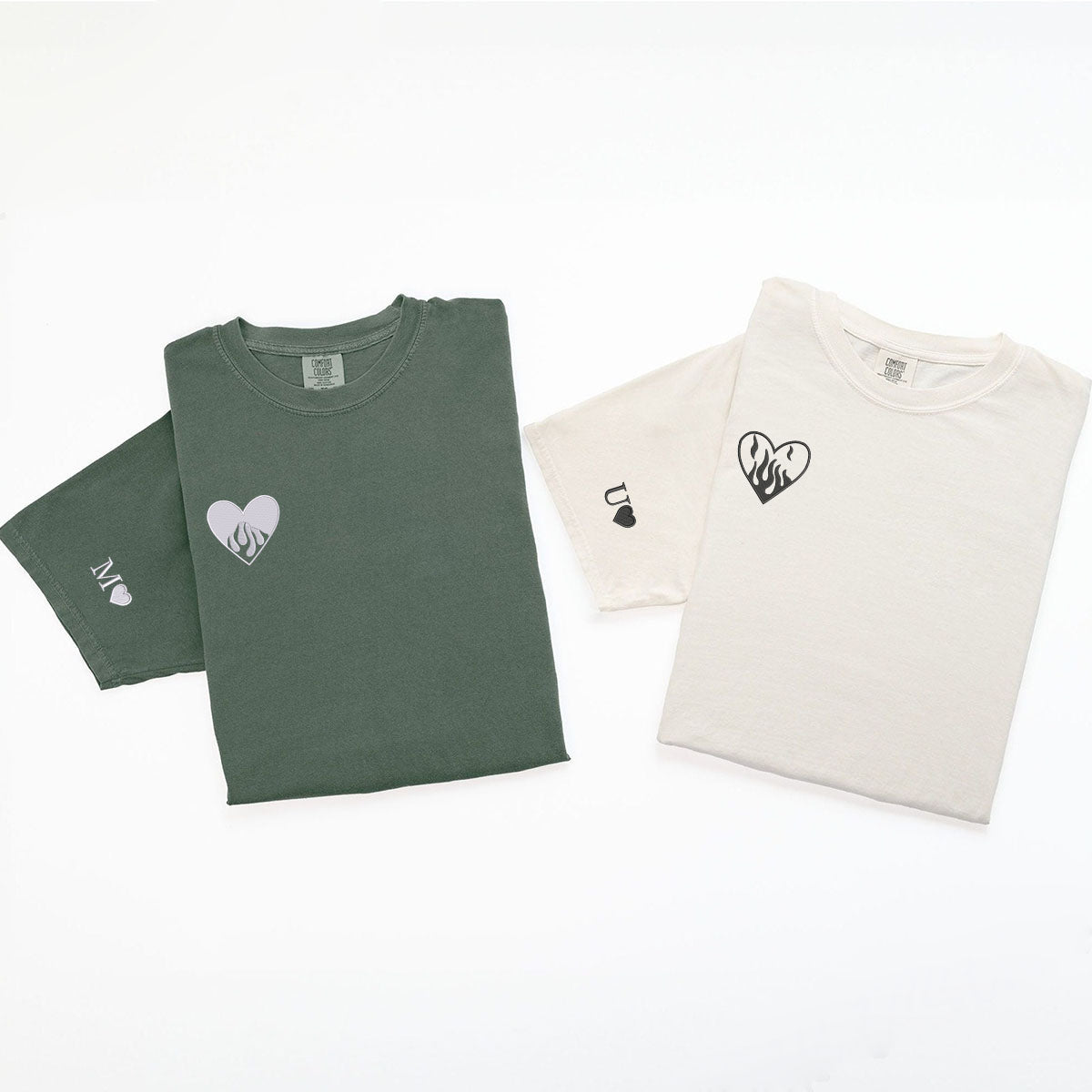 Custom Embroidered Fire Heart Matching T-shirts for Couples