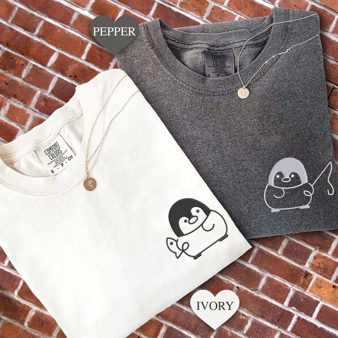 Custom Embroidered Fishing Penguin Matching T-shirts for Couples