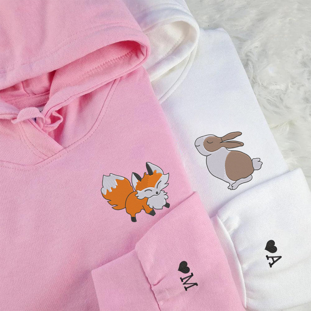 Custom Embroidered Fox and Rabbit Matching Hoodies for Couples