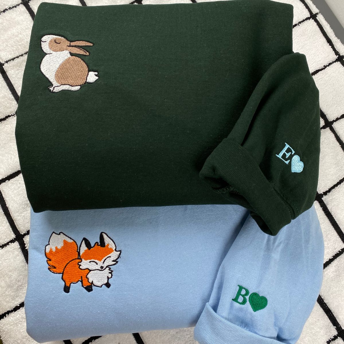 Custom Embroidered Fox and Rabbit Matching Hoodies for Couples