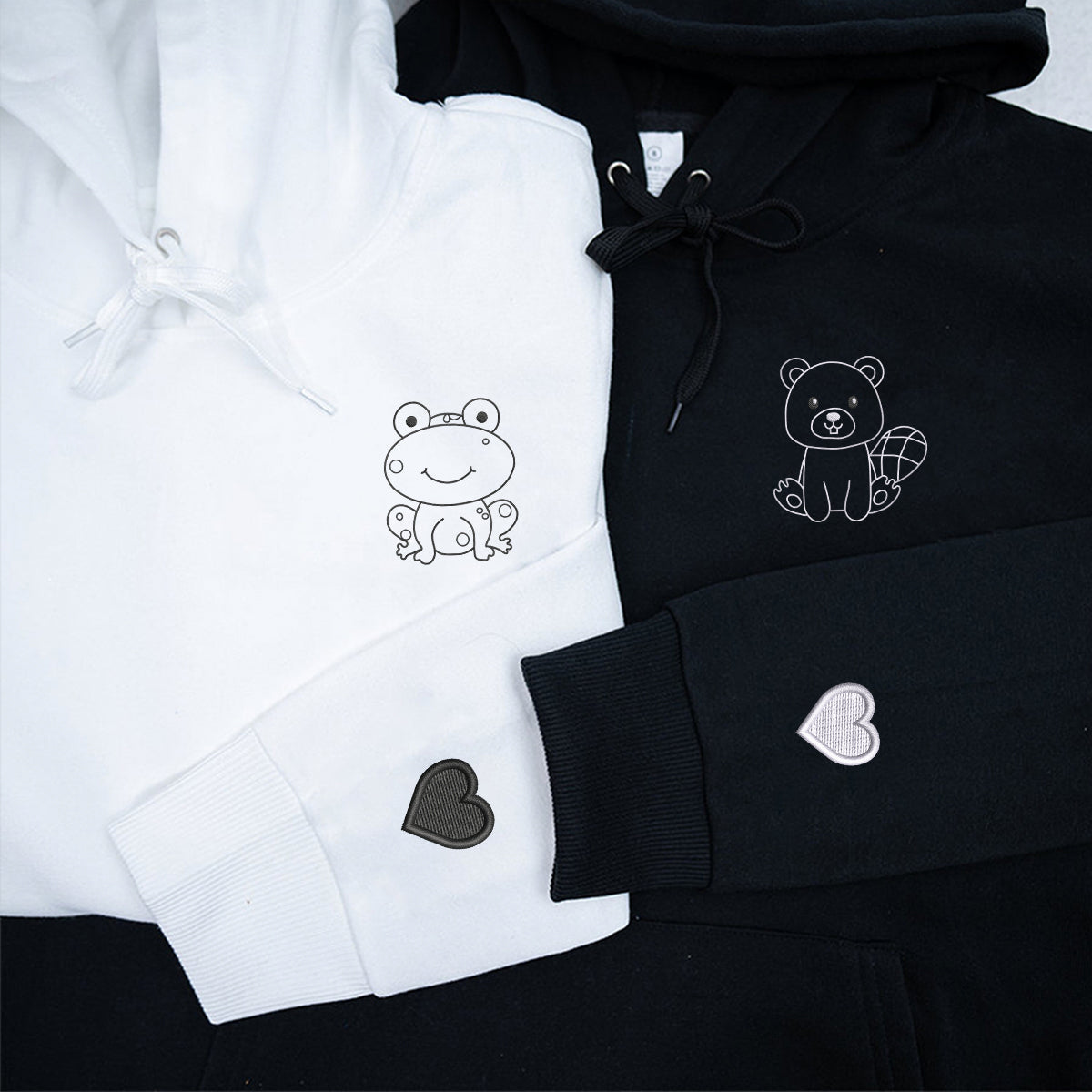 Custom Embroidered Frog and Beaver Matching Hoodies for Couples