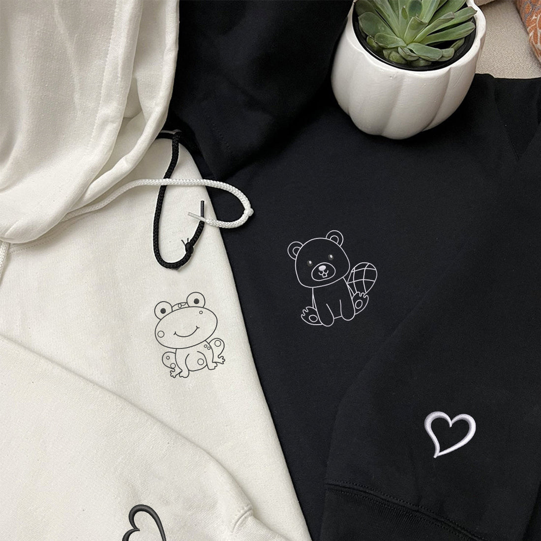 Custom Embroidered Frog and Beaver Matching Hoodies for Couples