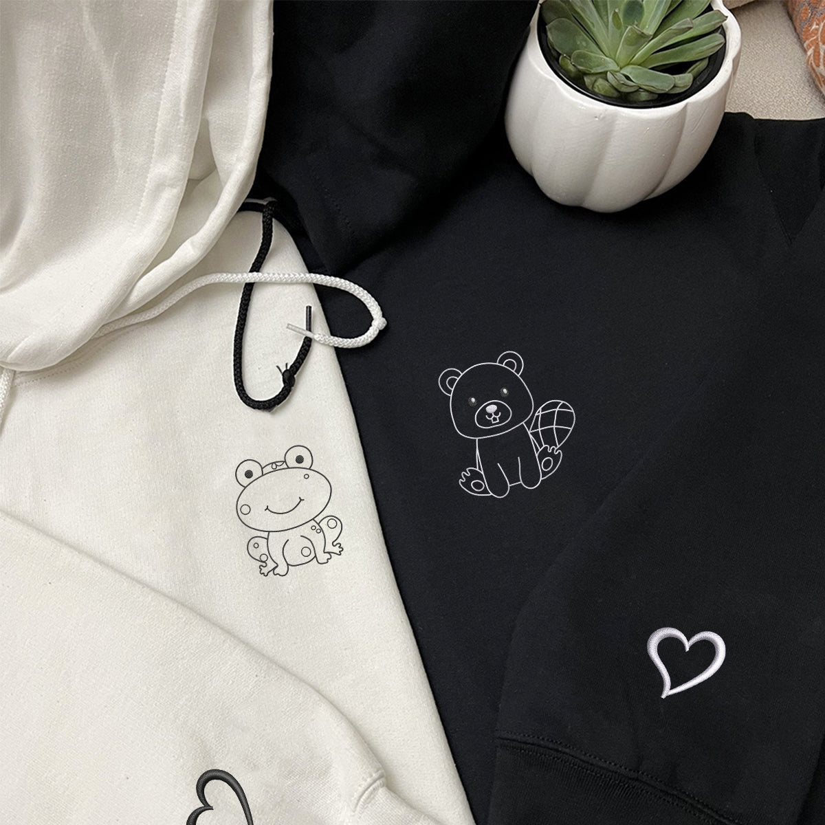 Custom Embroidered Frog and Beaver Matching Hoodies for Couples
