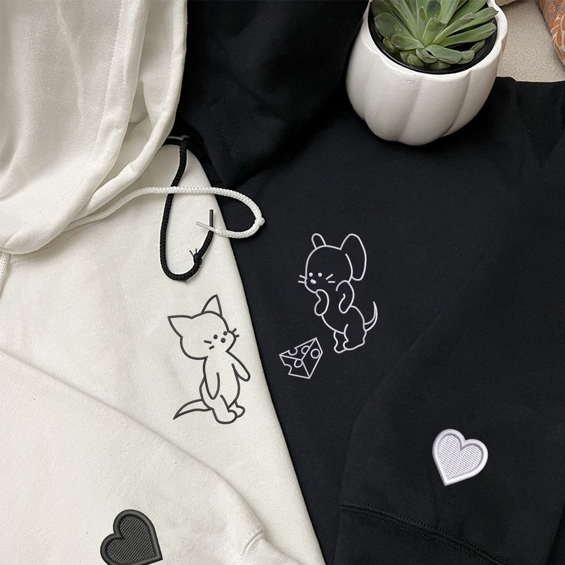 Custom Embroidered Funny Cat and Mouse Matching Hoodies for Couples