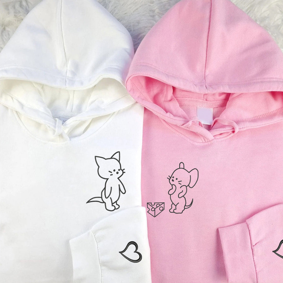 Custom Embroidered Funny Cat and Mouse Matching Hoodies for Couples