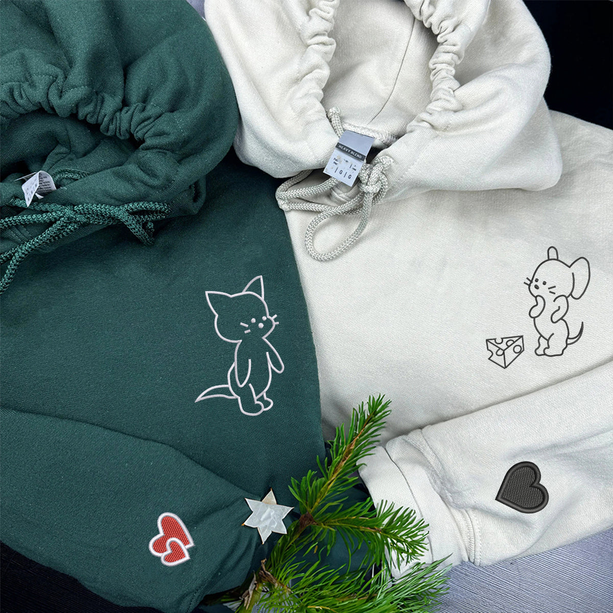 Custom Embroidered Funny Cat and Mouse Matching Hoodies for Couples
