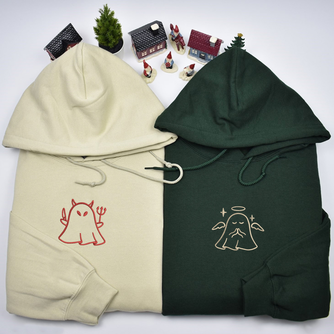 Custom Embroidered Ghost Angel and Devil Matching Hoodies for Couples