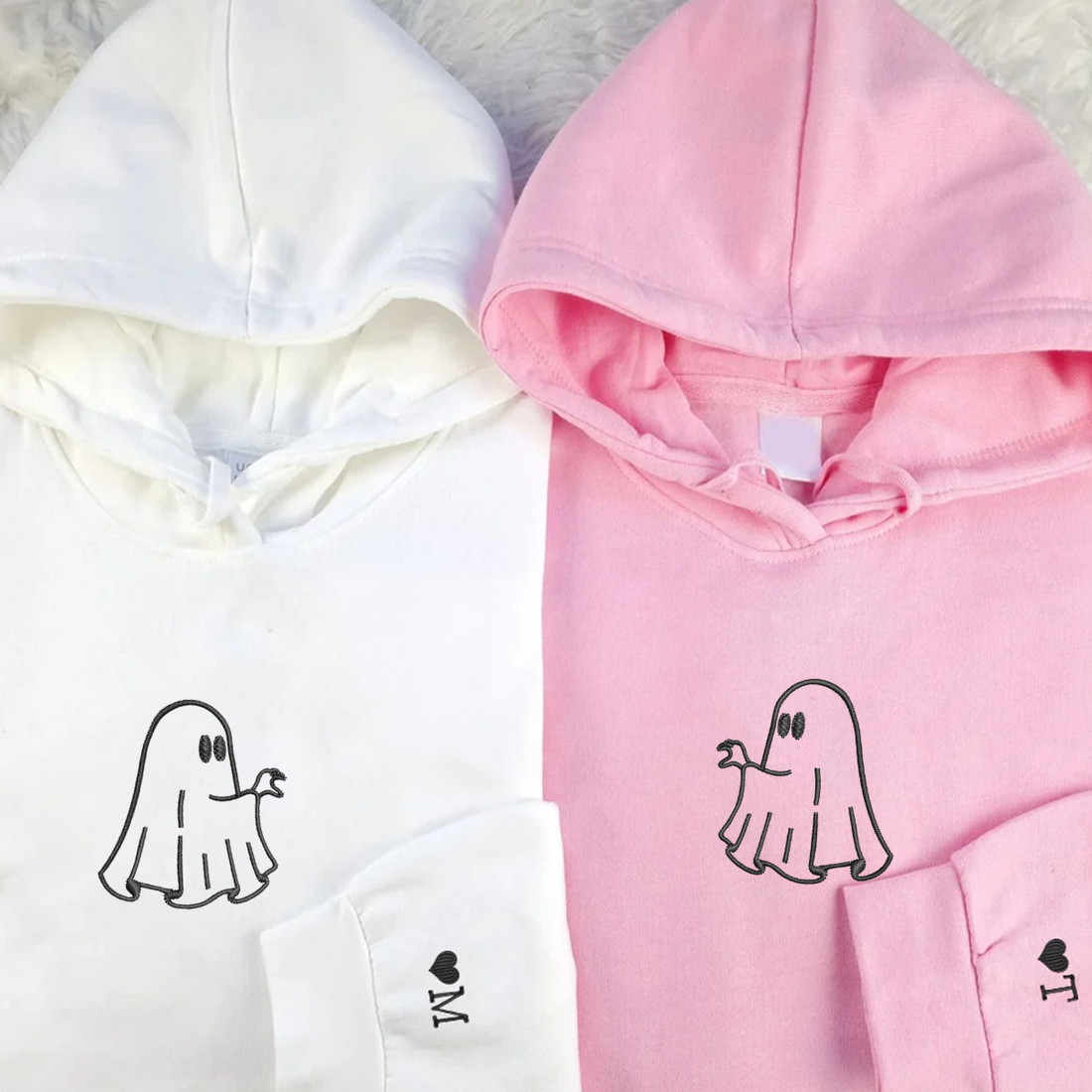 Custom Embroidered Ghost Heart Hands Matching Hoodies for Couples
