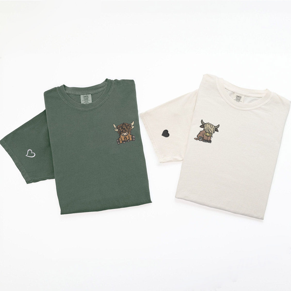 Custom Embroidered Highland Cow Matching T-shirts for Couples
