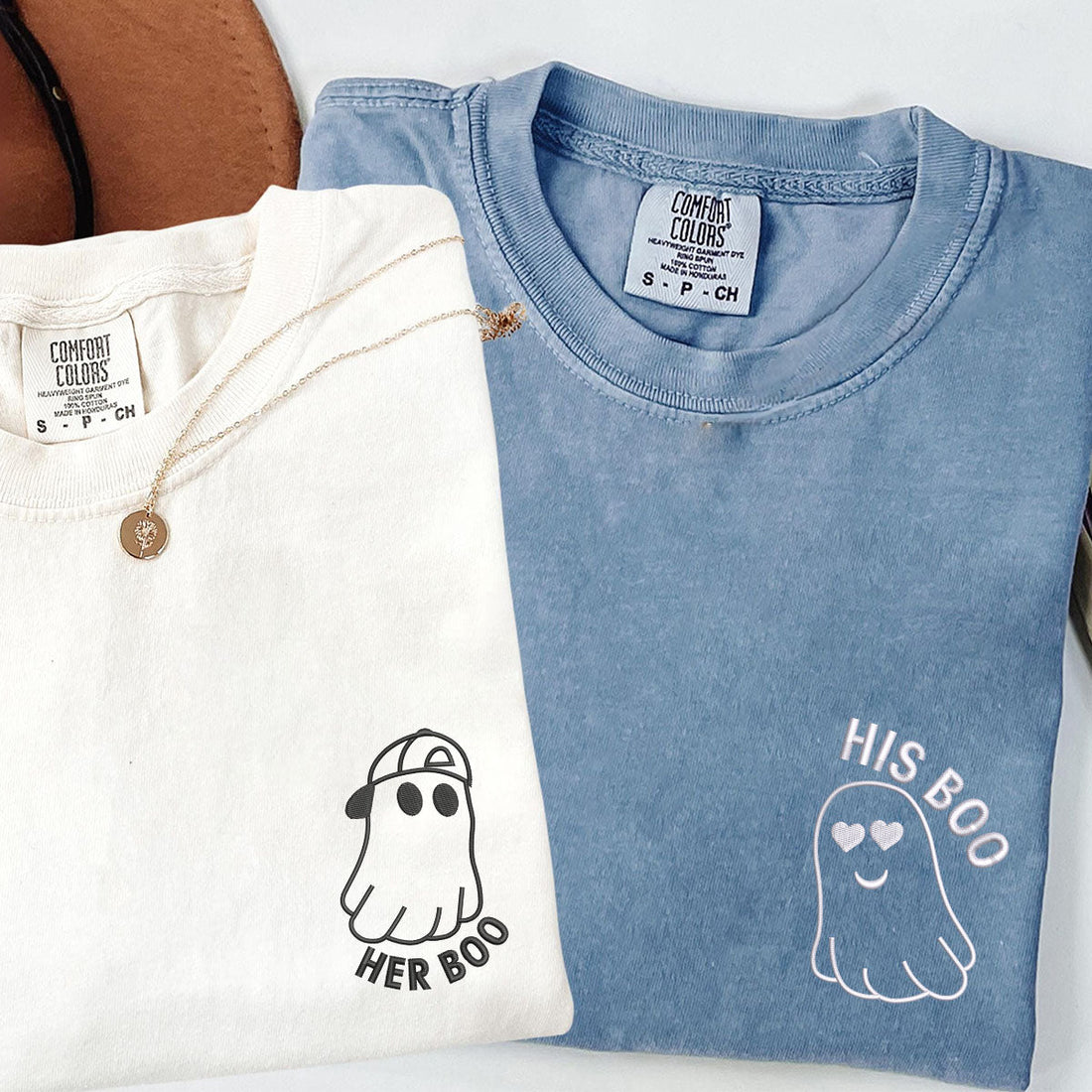 Custom Embroidered His Boo Her Boo Matching T-shirts for Couples