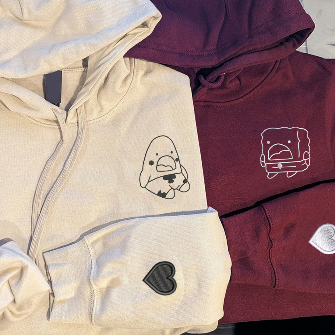 Custom Embroidered Humorous Cartoon Matching Hoodies for Couples