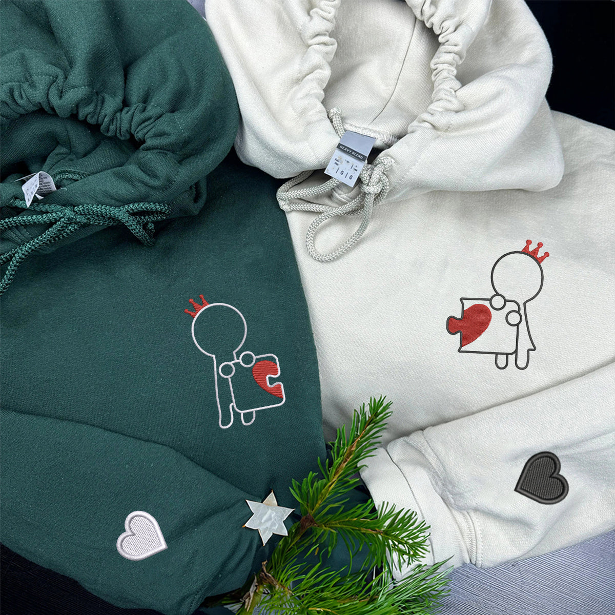 Custom Embroidered King and Queen Puzzle Love Matching Hoodies for Couples