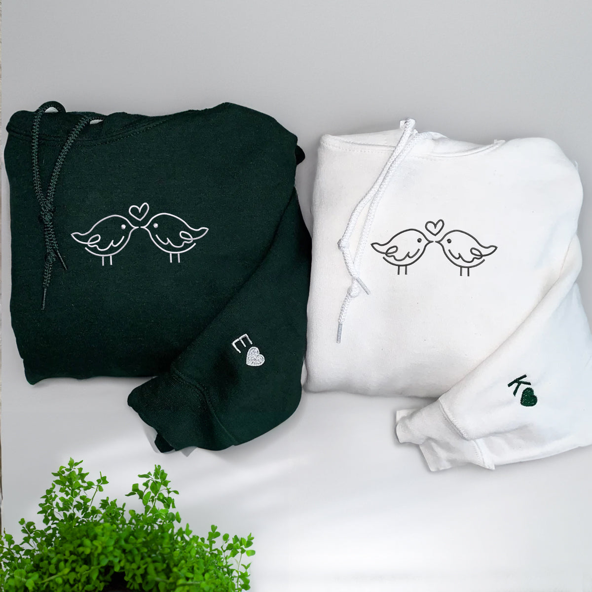 Custom Embroidered Kissing Bird Matching Hoodies for Couples