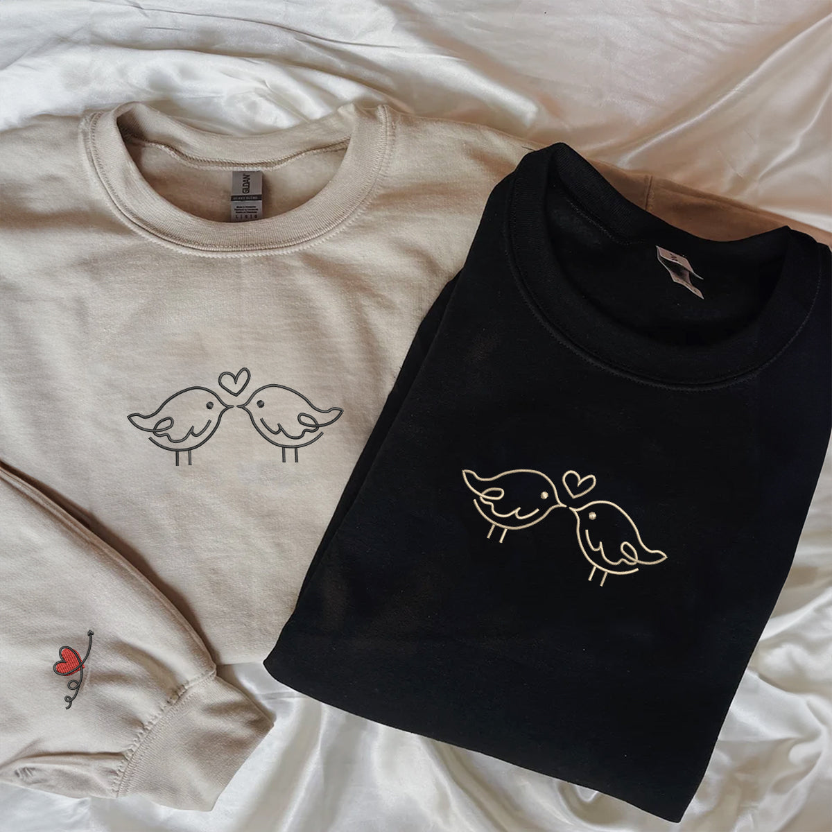 Custom Embroidered Kissing Bird Matching Hoodies for Couples