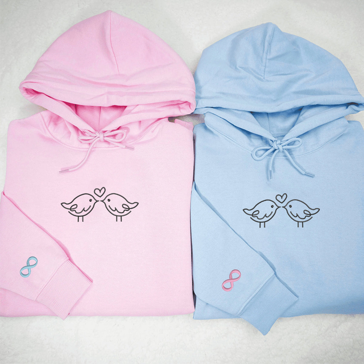 Custom Embroidered Kissing Bird Matching Hoodies for Couples