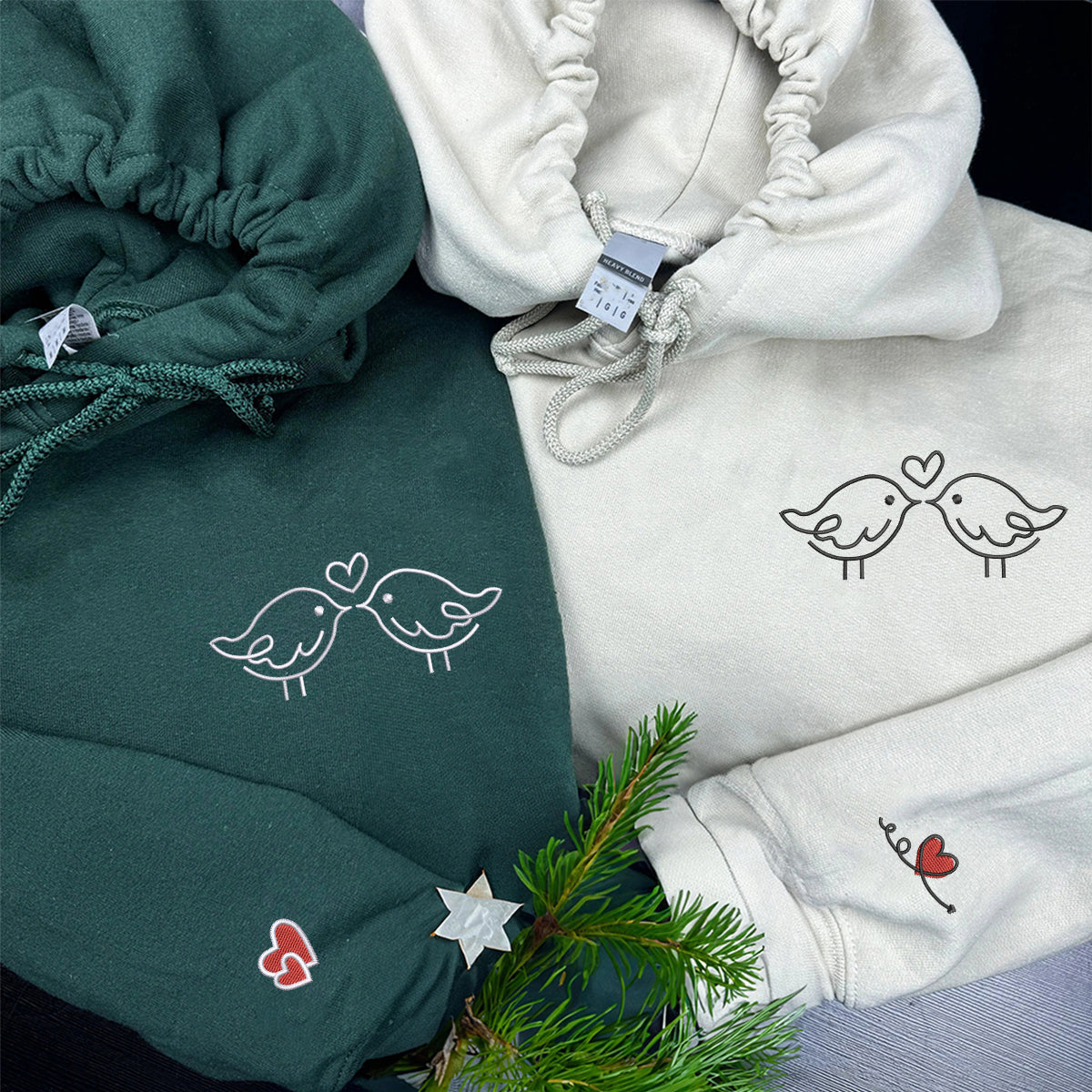 Custom Embroidered Kissing Bird Matching Hoodies for Couples