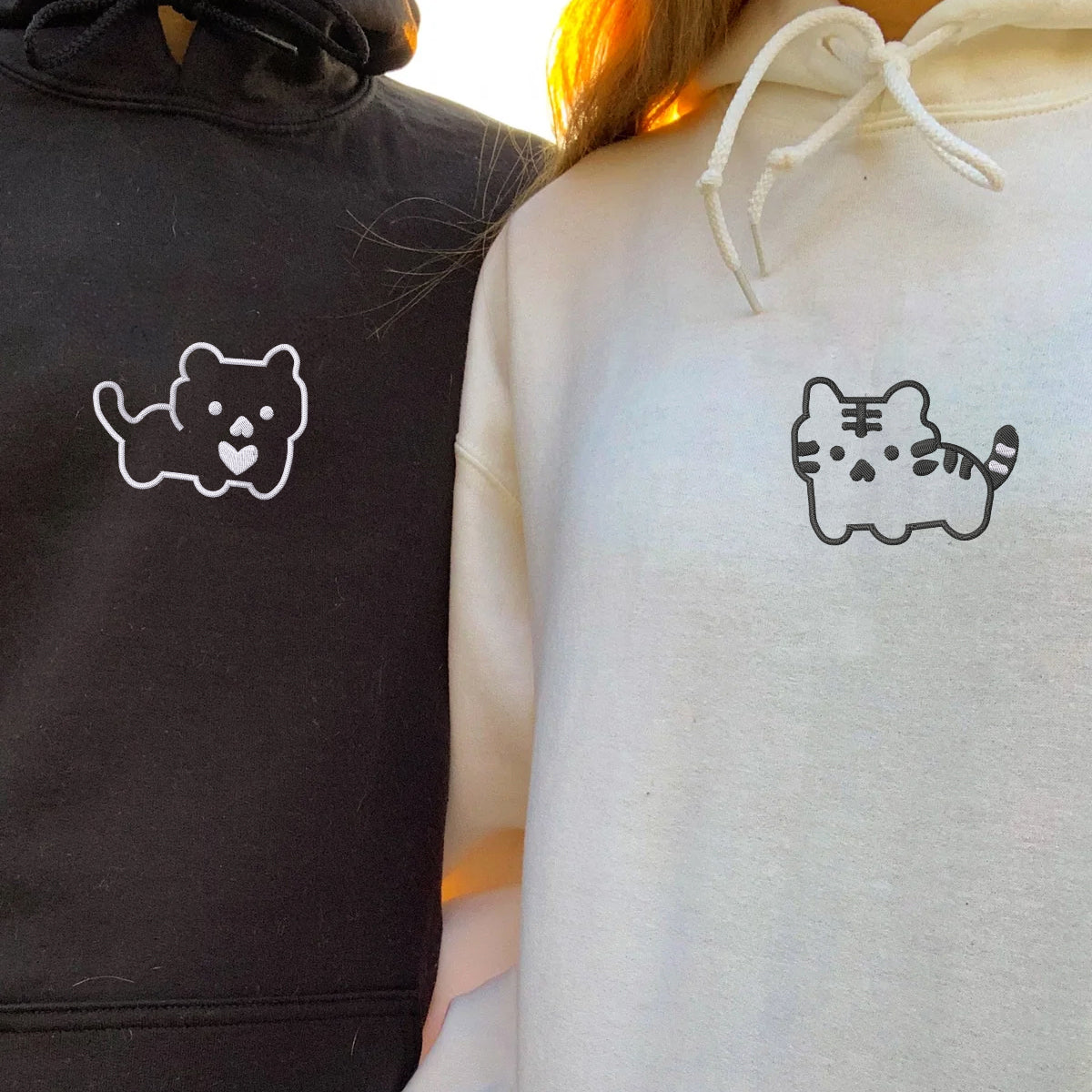 Custom Embroidered Kitten Cute Matching Hoodies for Couples