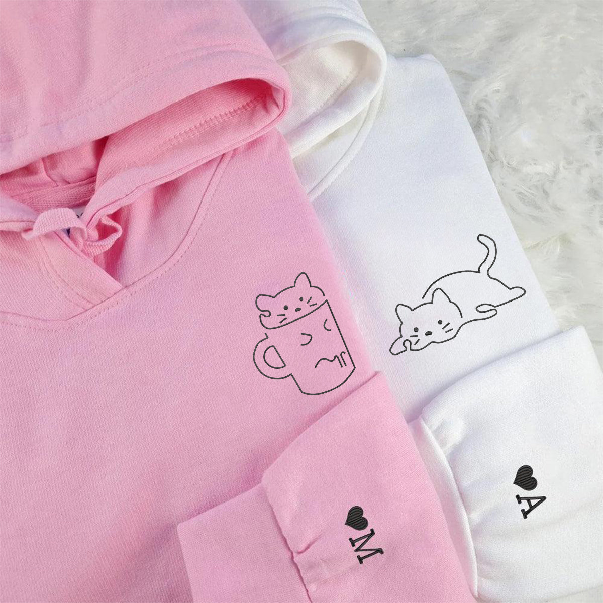 Custom Embroidered Lazy Cat Matching Hoodies for Couples