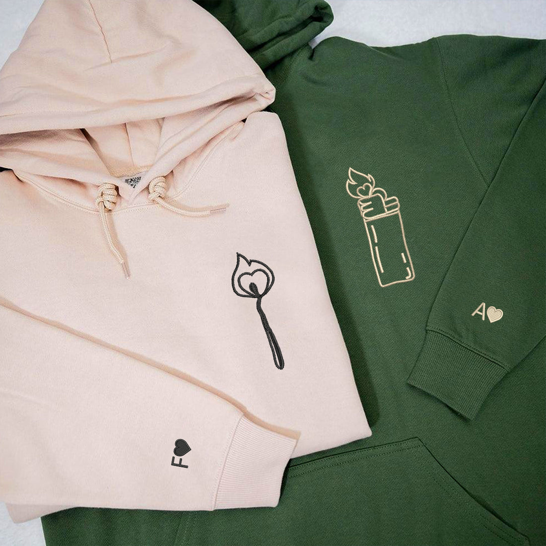 Custom Embroidered Lighter and Fire Matching Hoodies for Couples