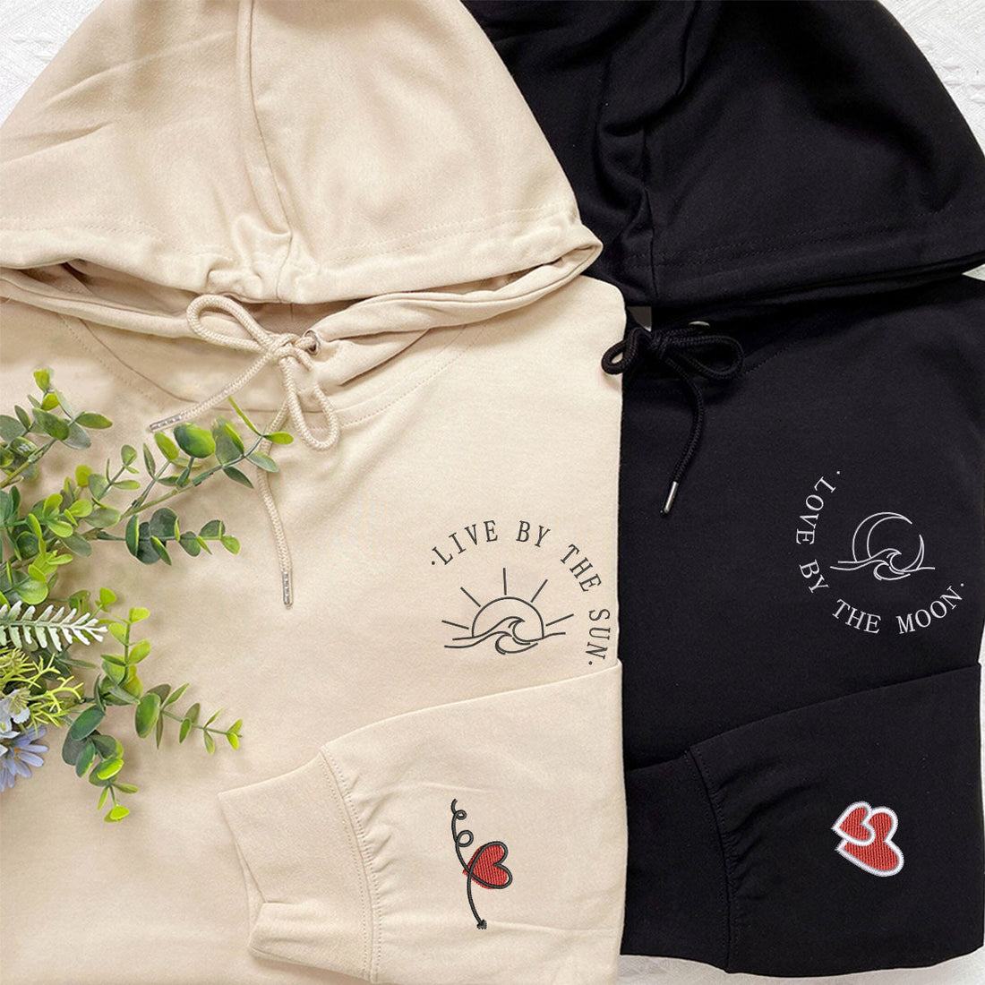 Custom Embroidered Live by The Sun, Love by The Moon Matching Hoodies for Couples