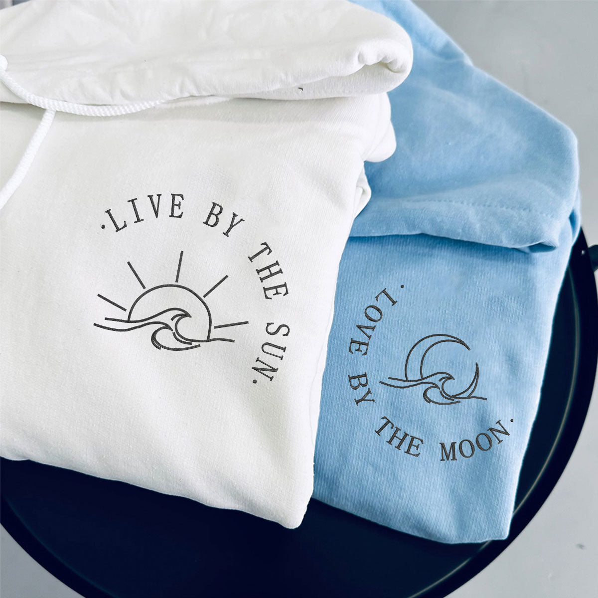 Custom Embroidered Live by The Sun, Love by The Moon Matching Hoodies for Couples