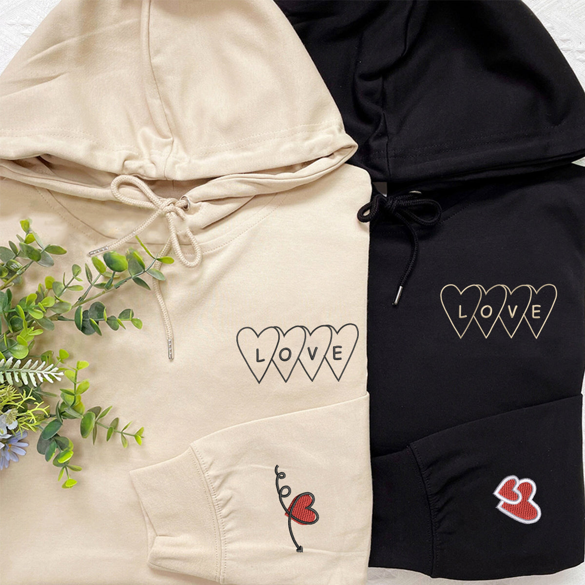 Custom Embroidered Love Heart Matching Hoodies for Couples