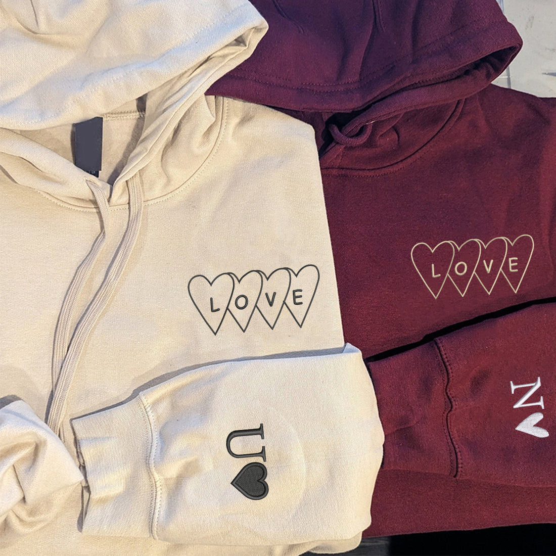 Custom Embroidered Love Heart Matching Hoodies for Couples