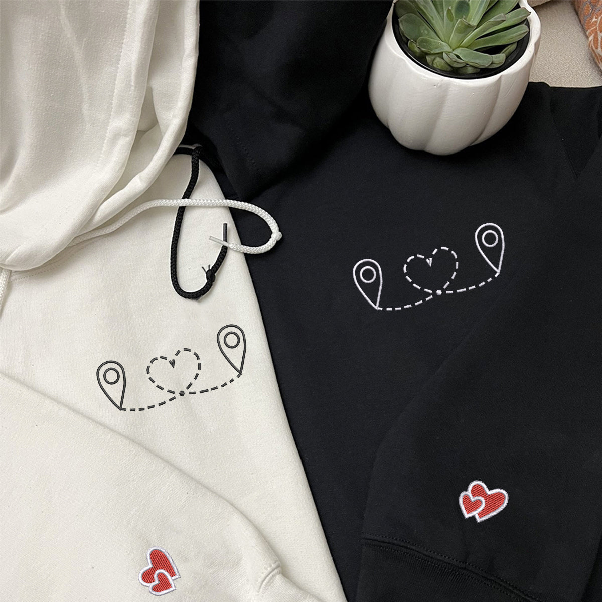 Custom Embroidered Love Location Matching Hoodies for Couples