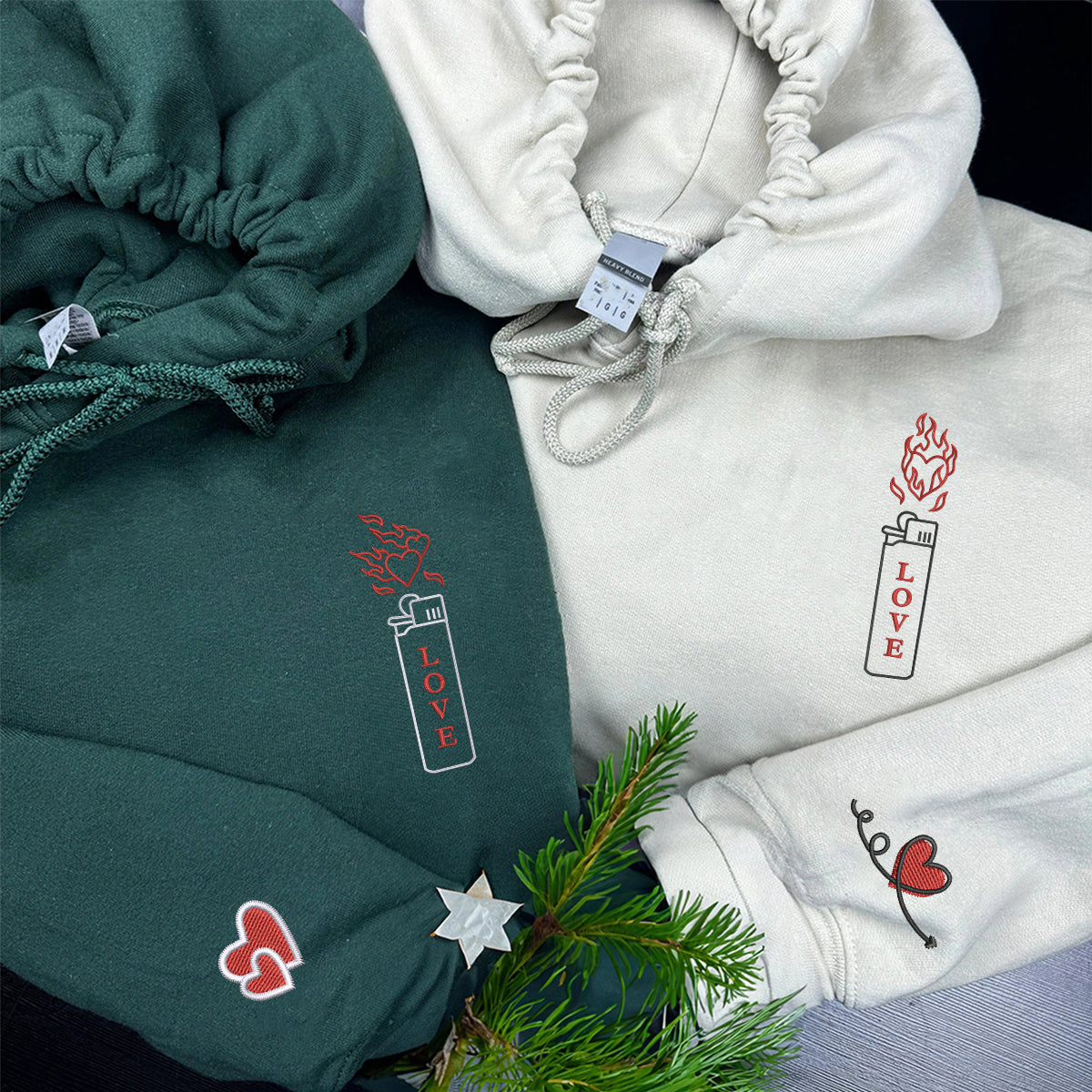Custom Embroidered Love On Fire Matching Hoodies for Couples
