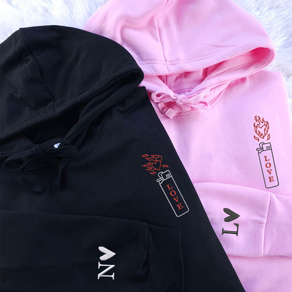 Custom Embroidered Love On Fire Matching Hoodies for Couples