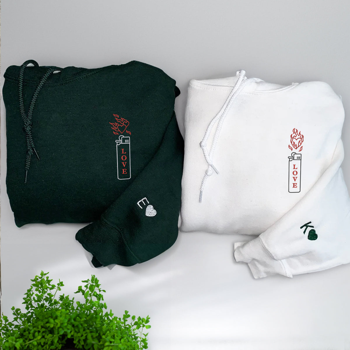 Custom Embroidered Love On Fire Matching Hoodies for Couples