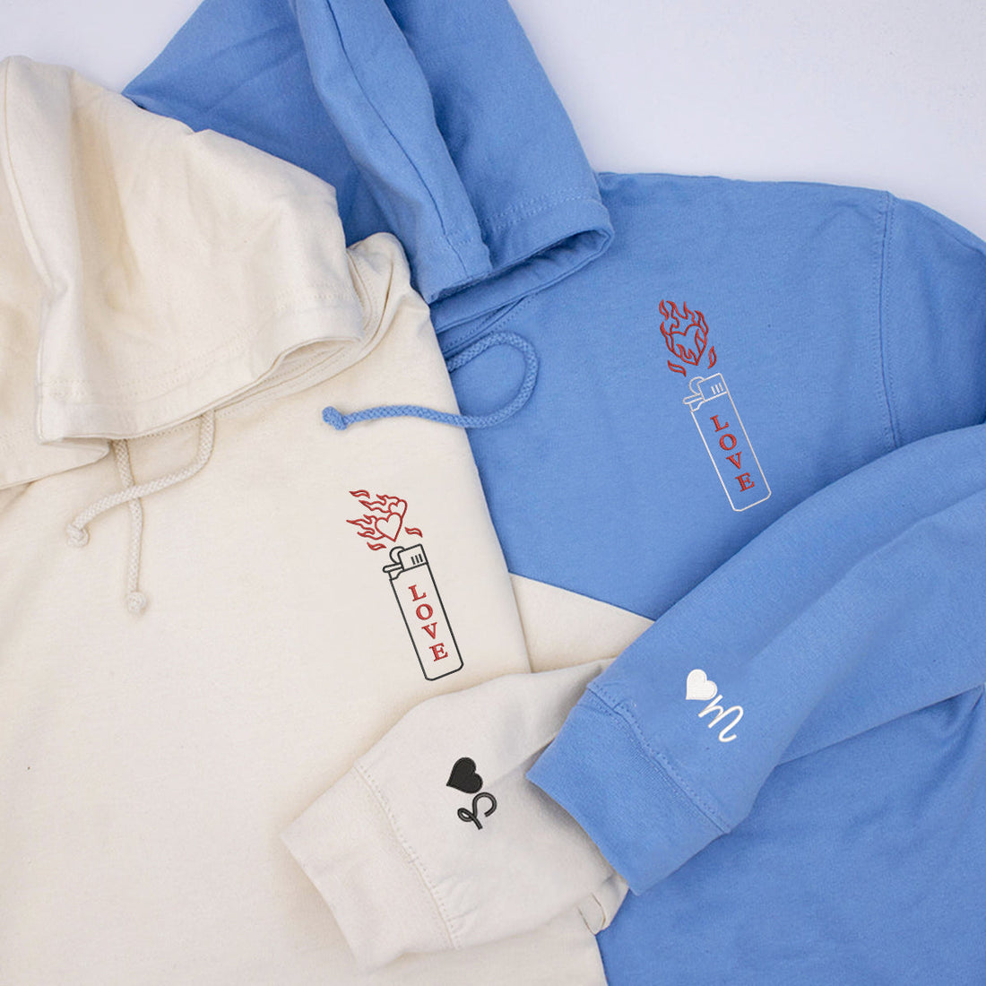 Custom Embroidered Love On Fire Matching Hoodies for Couples