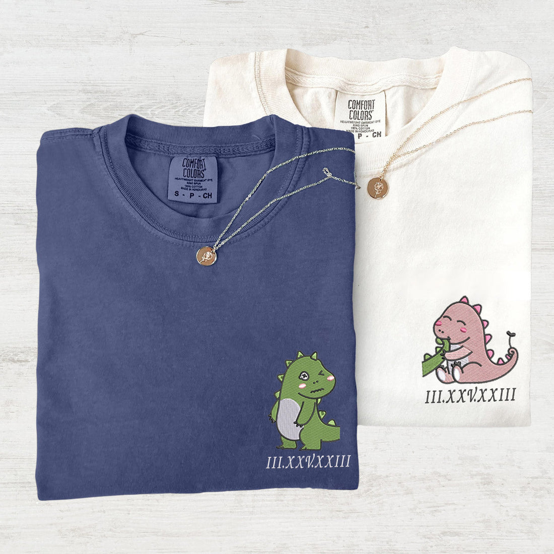 Custom Embroidered Lovely Dinosaur Roman Numeral Matching T-shirts for Couples