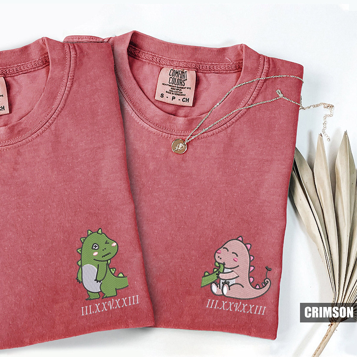 Custom Embroidered Lovely Dinosaur Roman Numeral Matching T-shirts for Couples