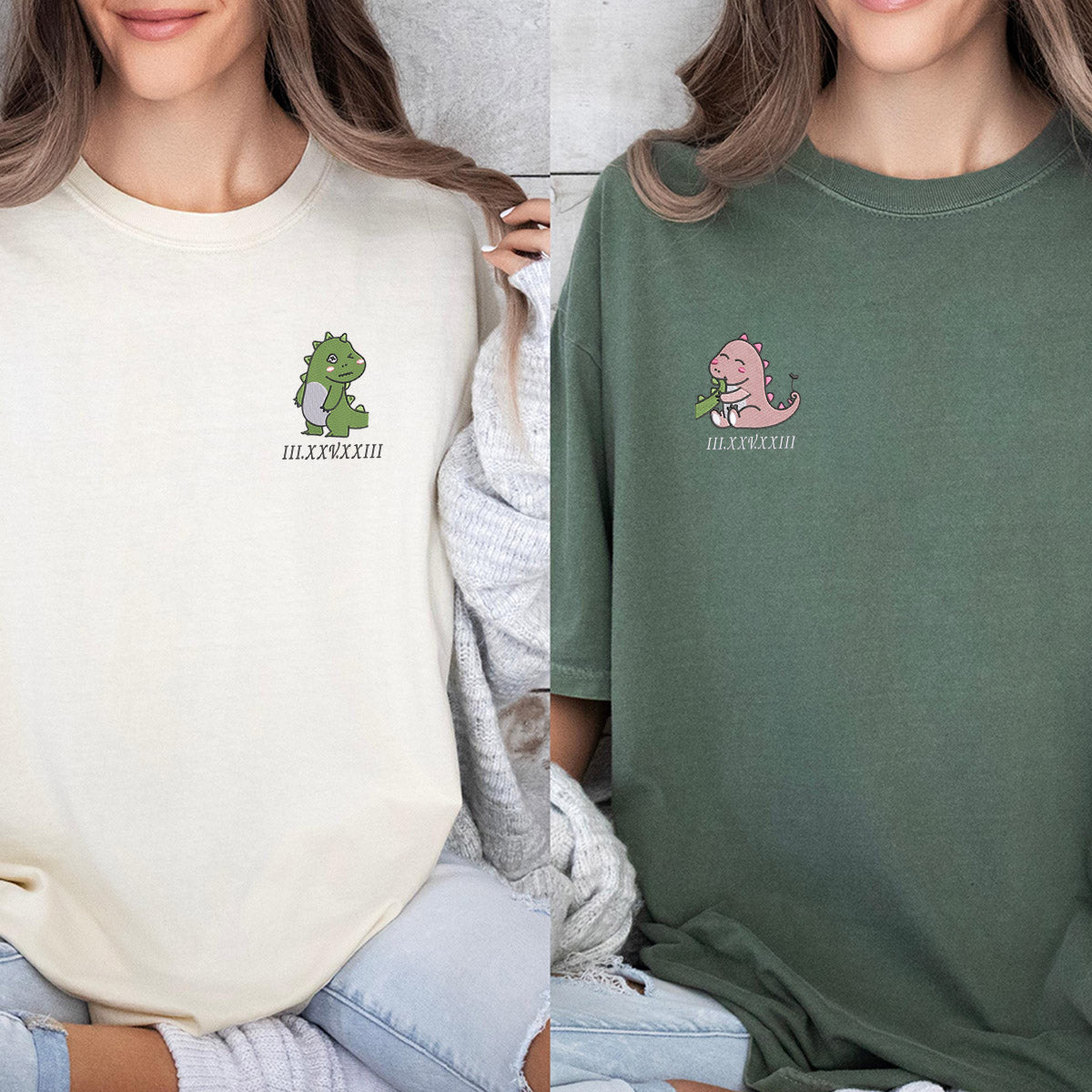 Custom Embroidered Lovely Dinosaur Roman Numeral Matching T-shirts for Couples