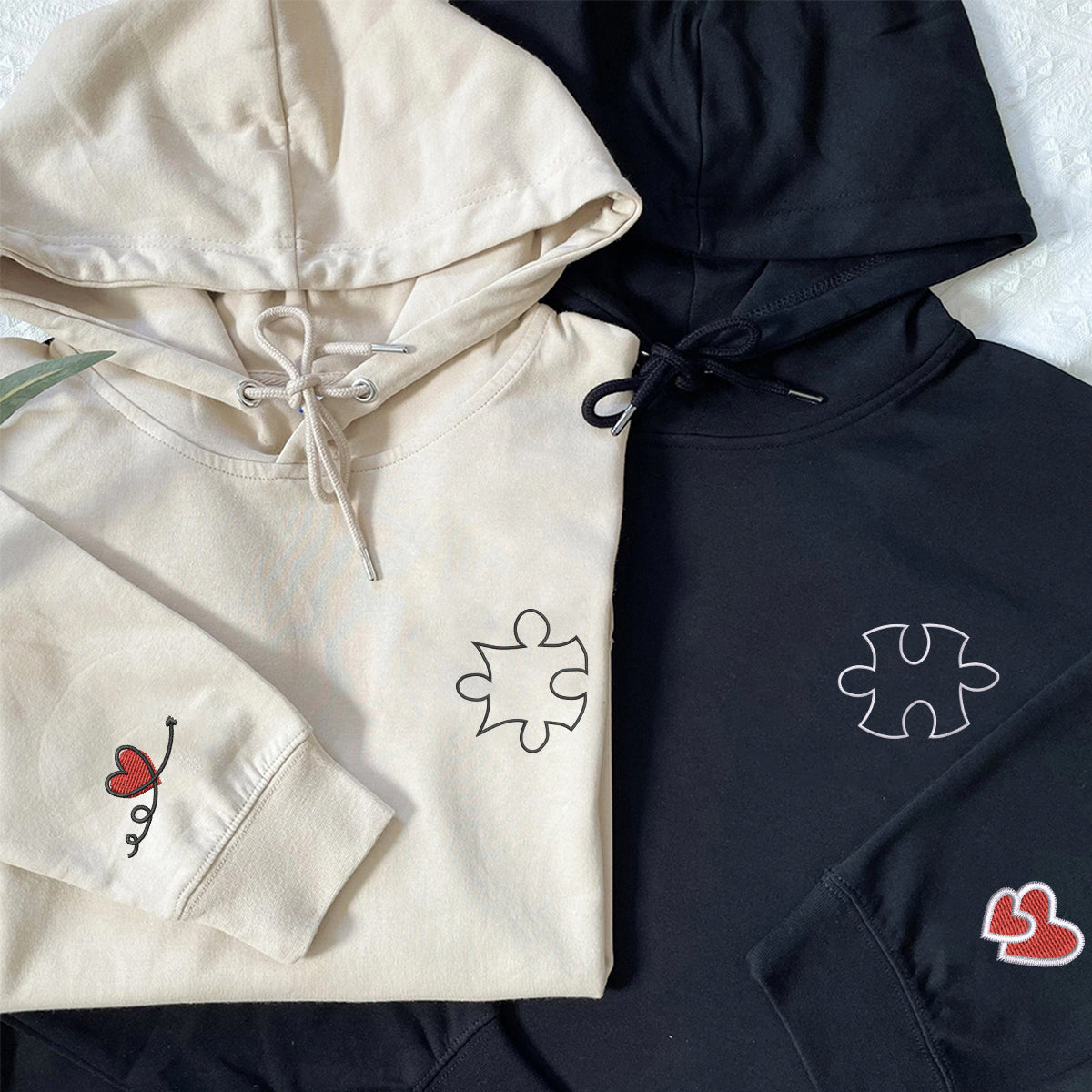 Custom Embroidered Puzzle Love Matching Hoodies for Couples