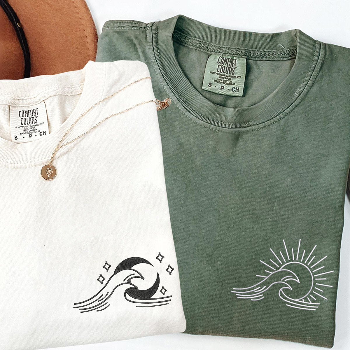 Custom Embroidered Sea Wave Sun And Moon Matching T-shirts for Couples