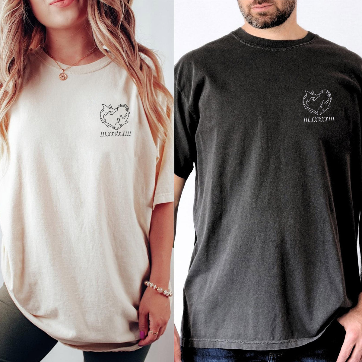 Custom Embroidered Shark Love Roman Numeral Matching T-shirts for Couples