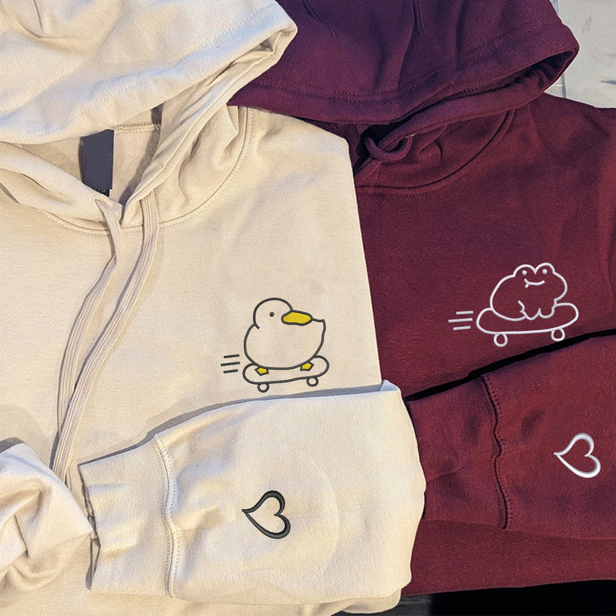 Custom Embroidered Skateboard Froggy and Ducky Matching Hoodies for Couples