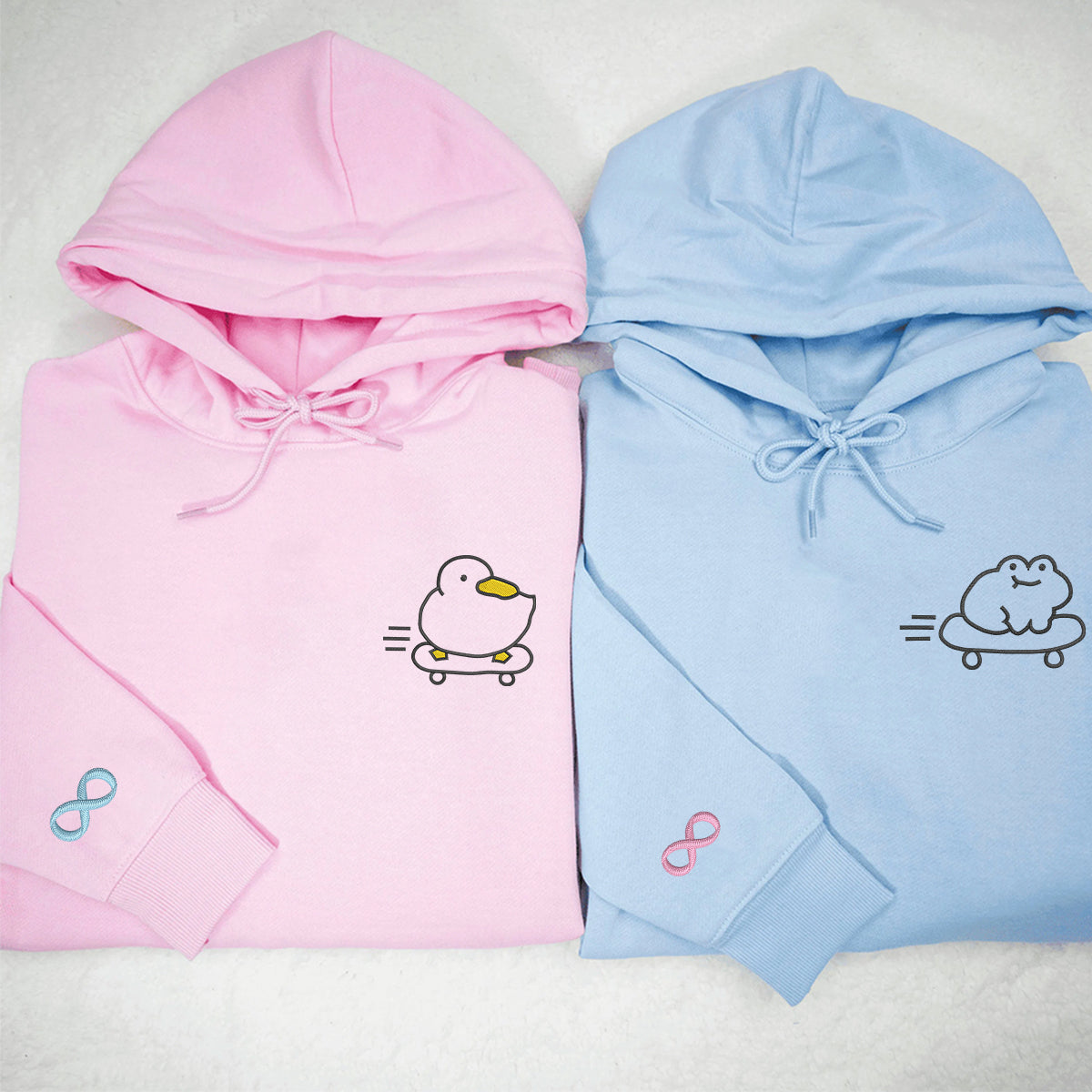 Custom Embroidered Skateboard Froggy and Ducky Matching Hoodies for Couples