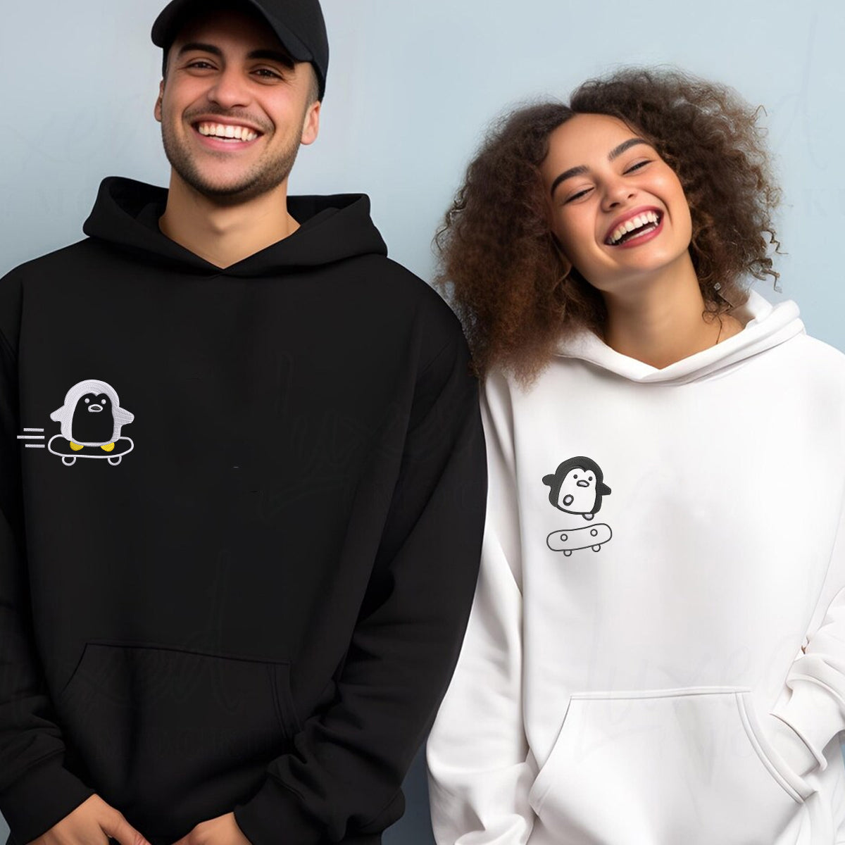 Custom Embroidered Skateboard Penguin Matching Hoodies for Couples
