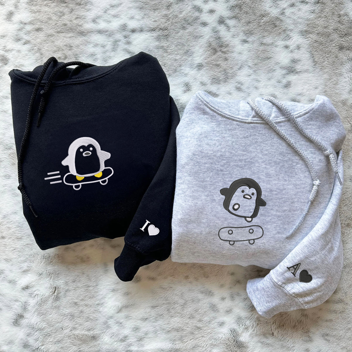 Custom Embroidered Skateboard Penguin Matching Hoodies for Couples